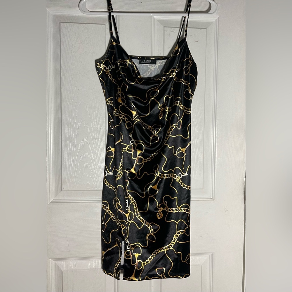 Liz‎ & Sara Women’s Black/Gold Mini Dress Spaghetti Sleeve